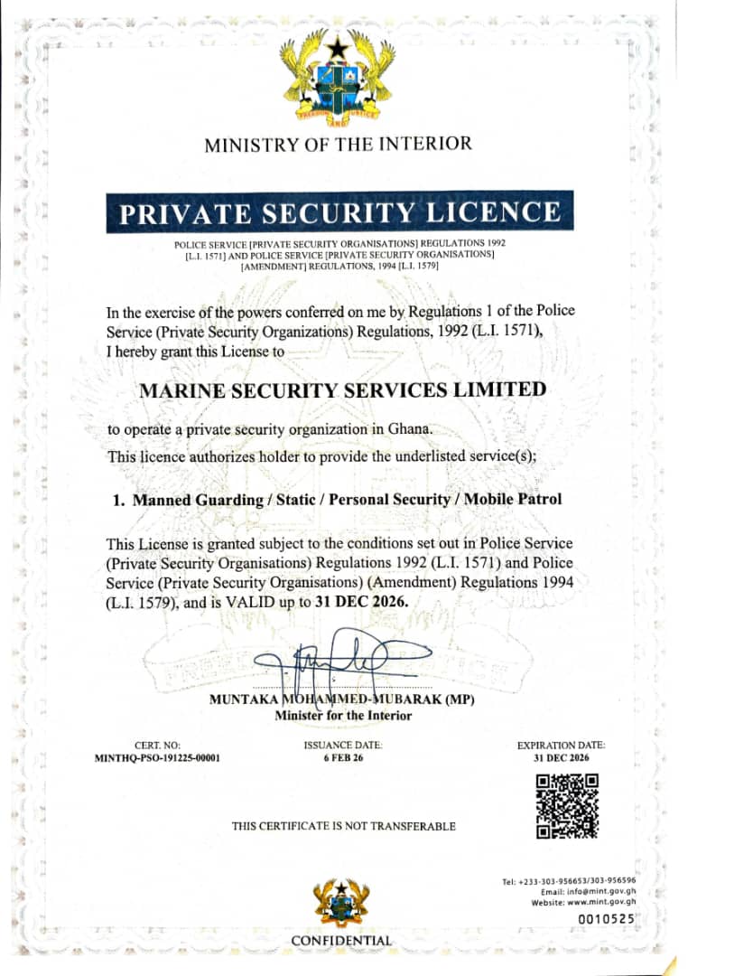 Marine Security Services Limited - Private Security Licence issued by the Ministry of the Interior, Ghana